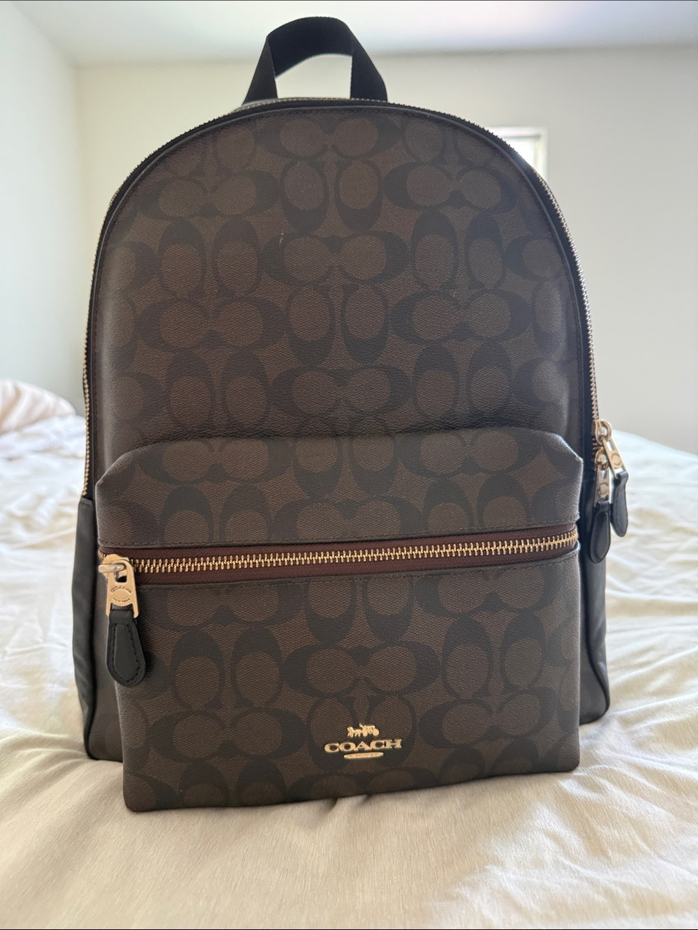 Coach Brown Logo-Print Backpack with Gold Hardware